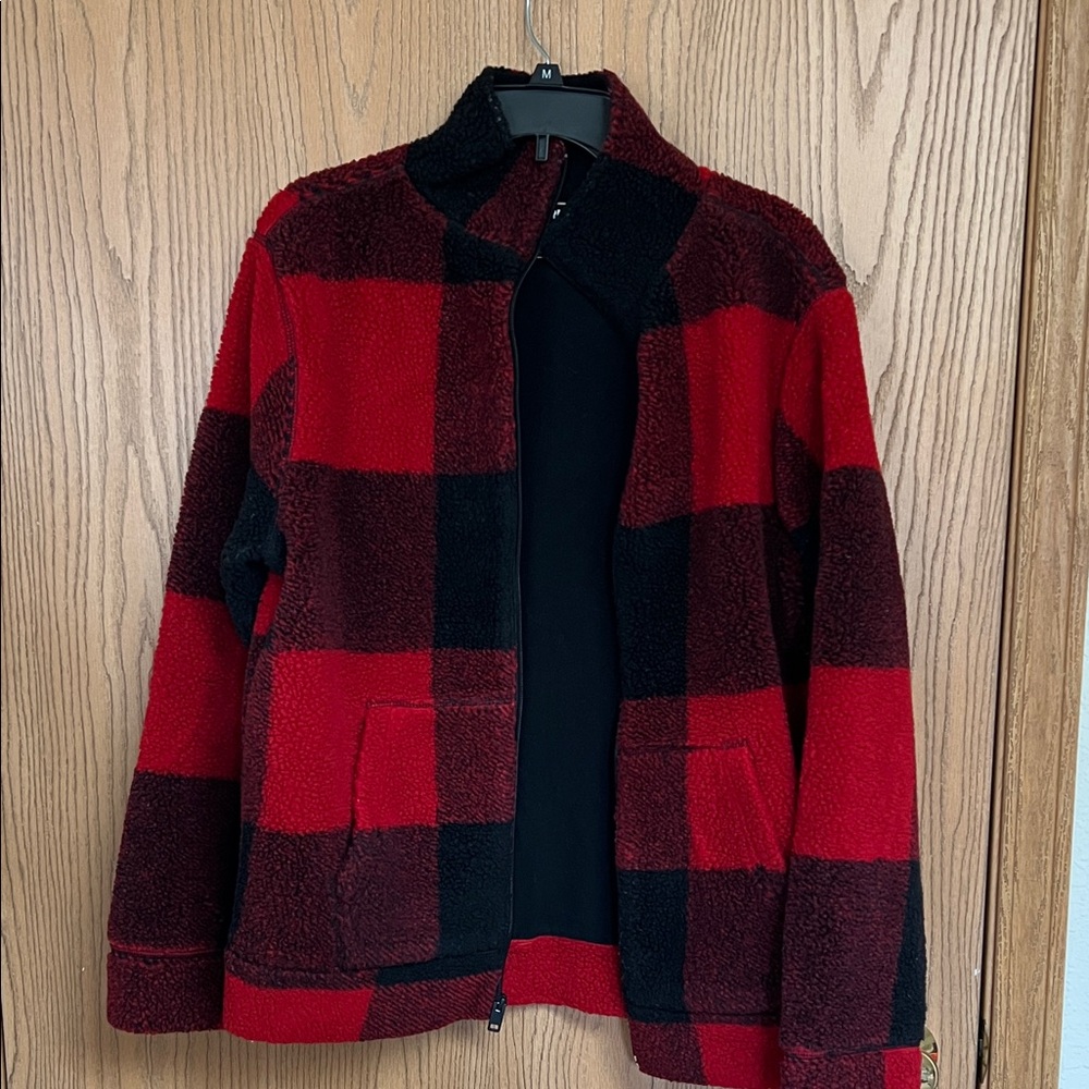 Express Red and Black Plaid Teddy Jacket
